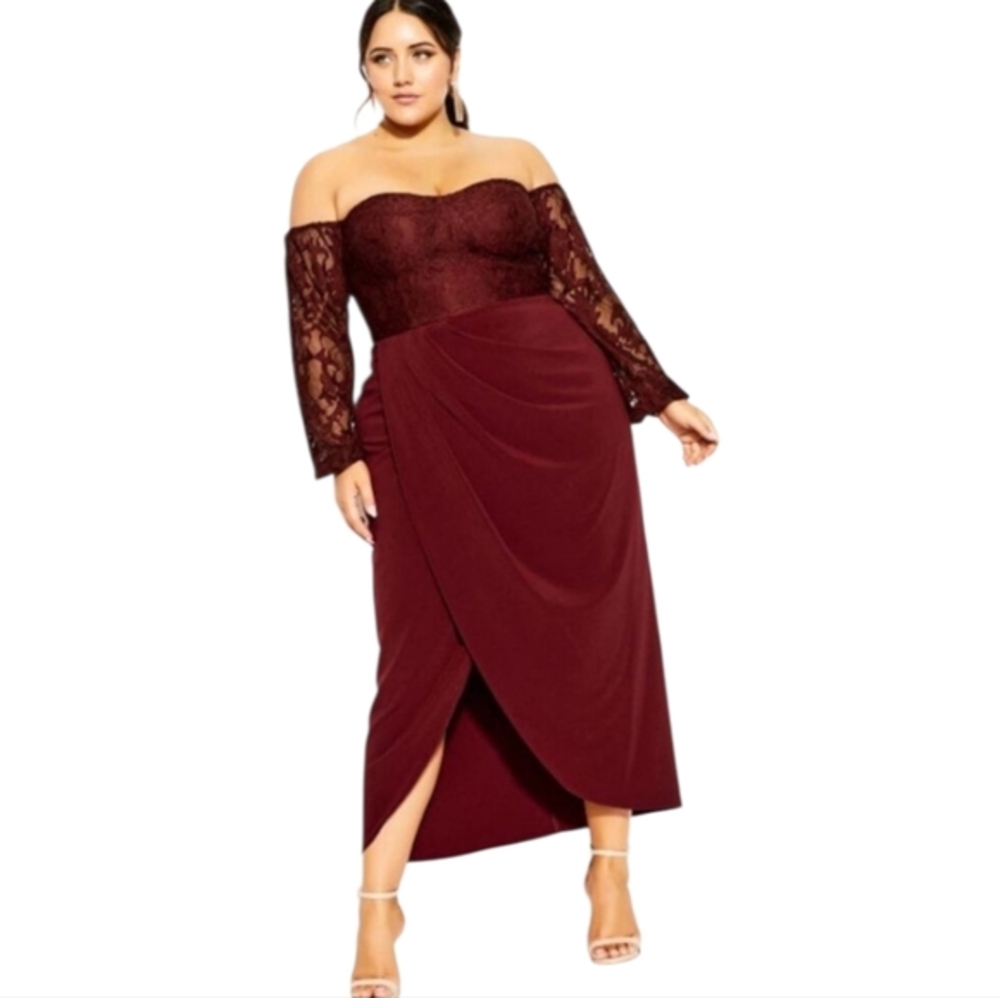 CITY CHIC Romantic Rosa lace off shoulder Maxi Dress bordeaux plus size M 18 new